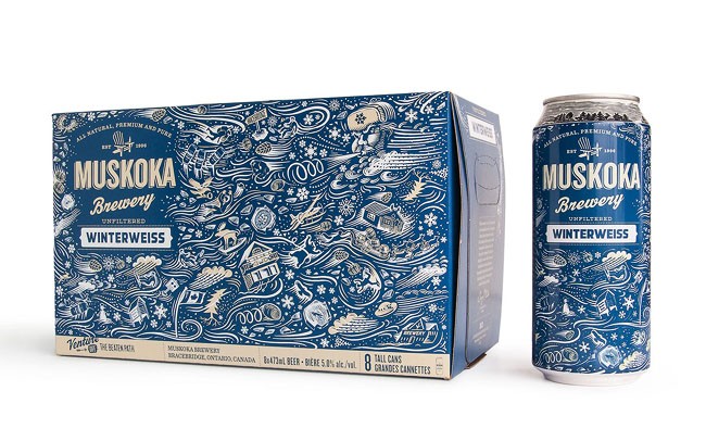国外Muskoka啤酒冬季蓝色花纹包装设计