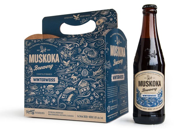 国外Muskoka啤酒冬季蓝色花纹包装设计